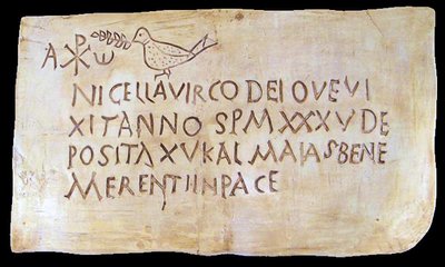 Funerary inscription from Roman catacombs bearing the early Christian symbols by Roman